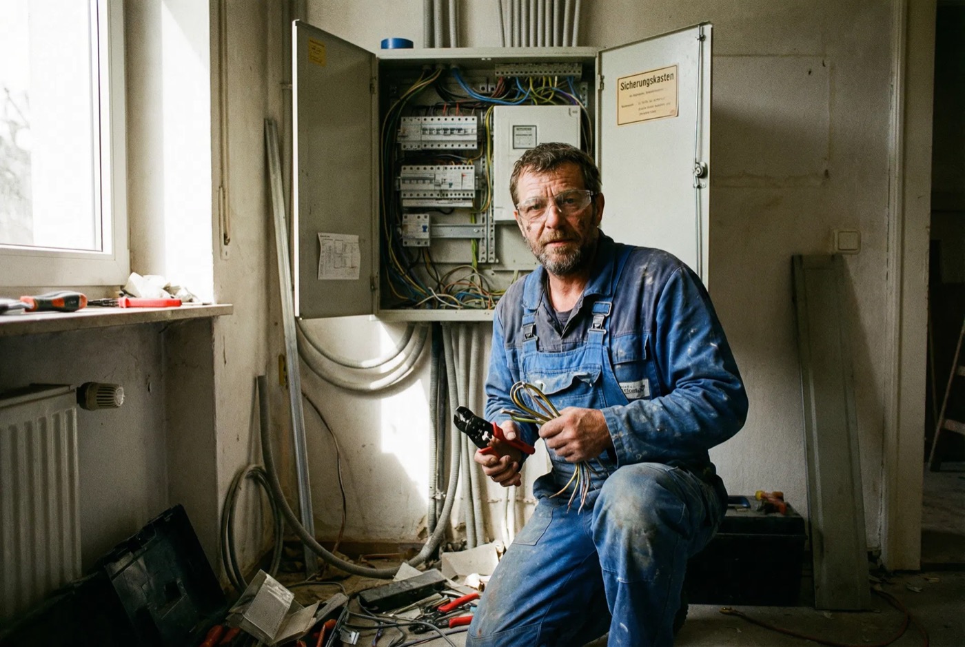 Elektriker bei der Arbeit am Sicherungskasten