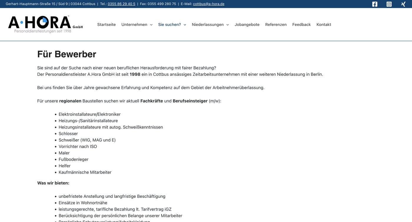 Alte Seite für Bewerber: Fließtext und Aufzählungen
